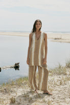 womens taupe cotton tie dye pants front view