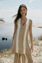 Cotton taupe tie dye mini dress with pant front view