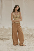 womens tan cotton crochet pant front view