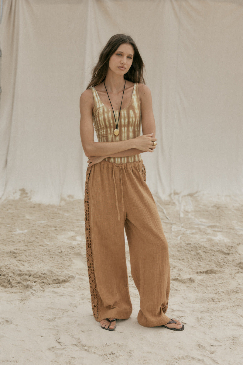 womens tan cotton crochet pant front view