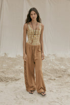 womens tan cotton crochet pant front view
