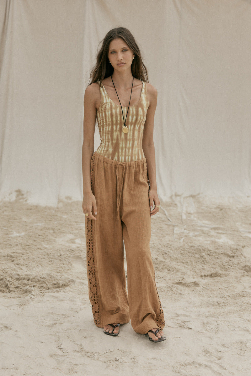 womens tan cotton crochet pant front view