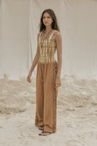 womens tan cotton crochet pant front view
