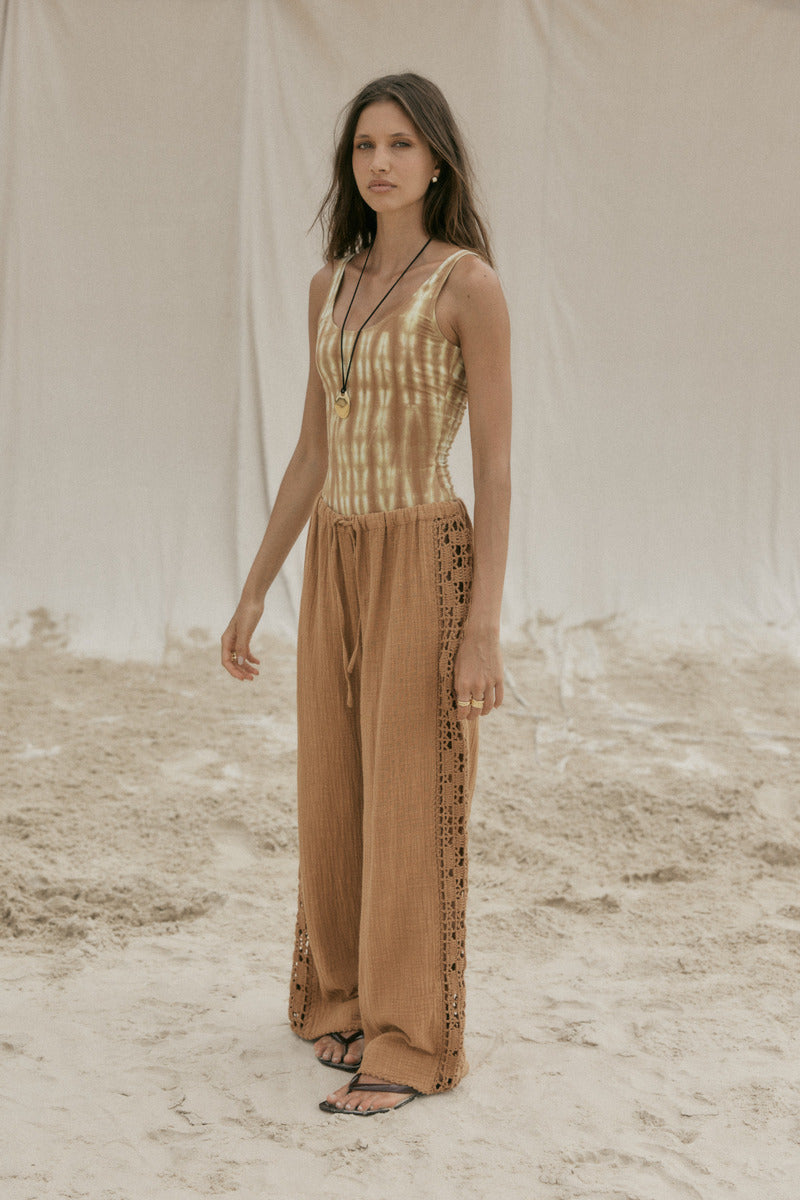 womens tan cotton crochet pant front view