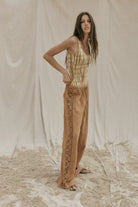 womens tan cotton crochet pant side view