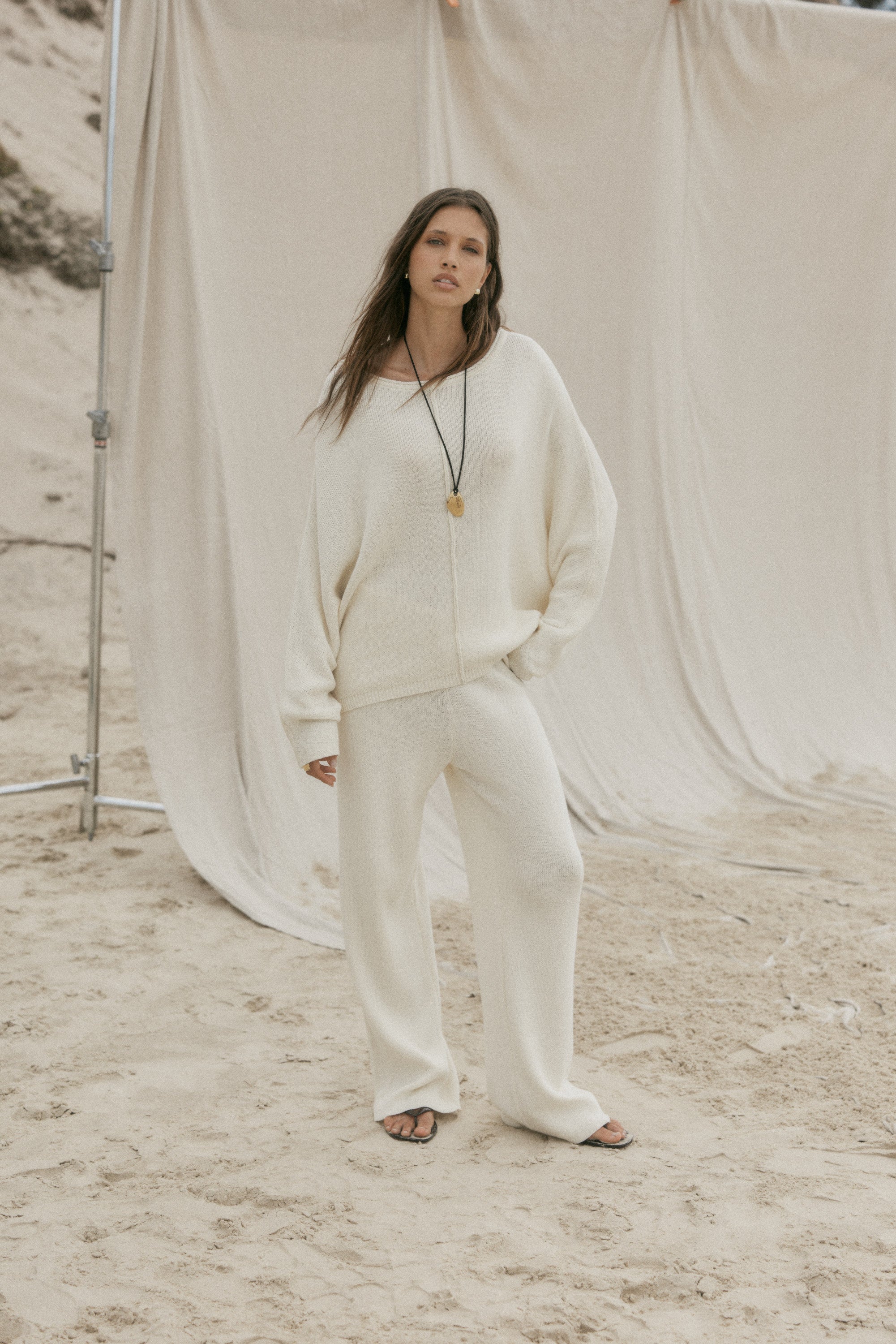 womens cotton cream knit set front view