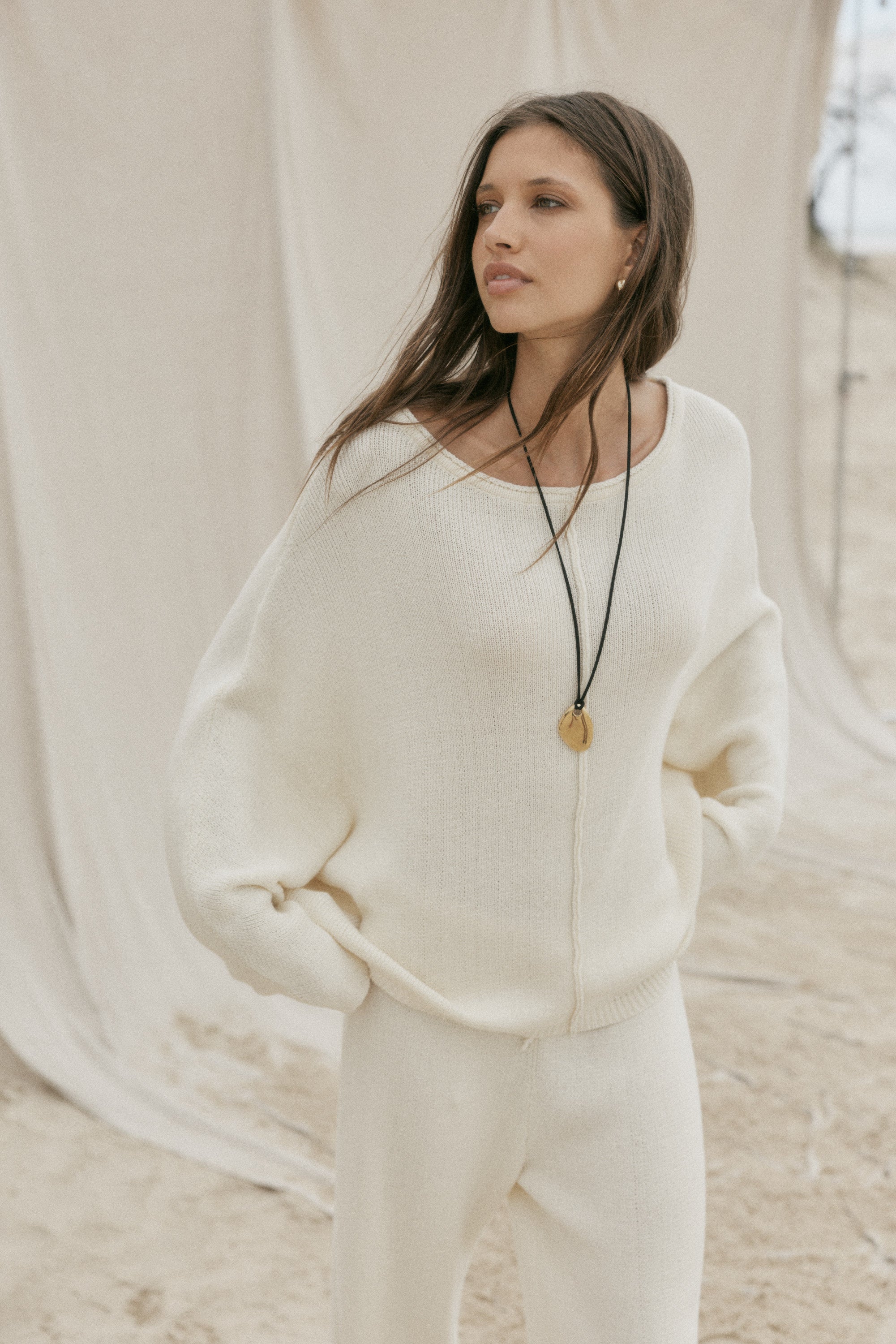 womens cotton cream long sleeve top front view