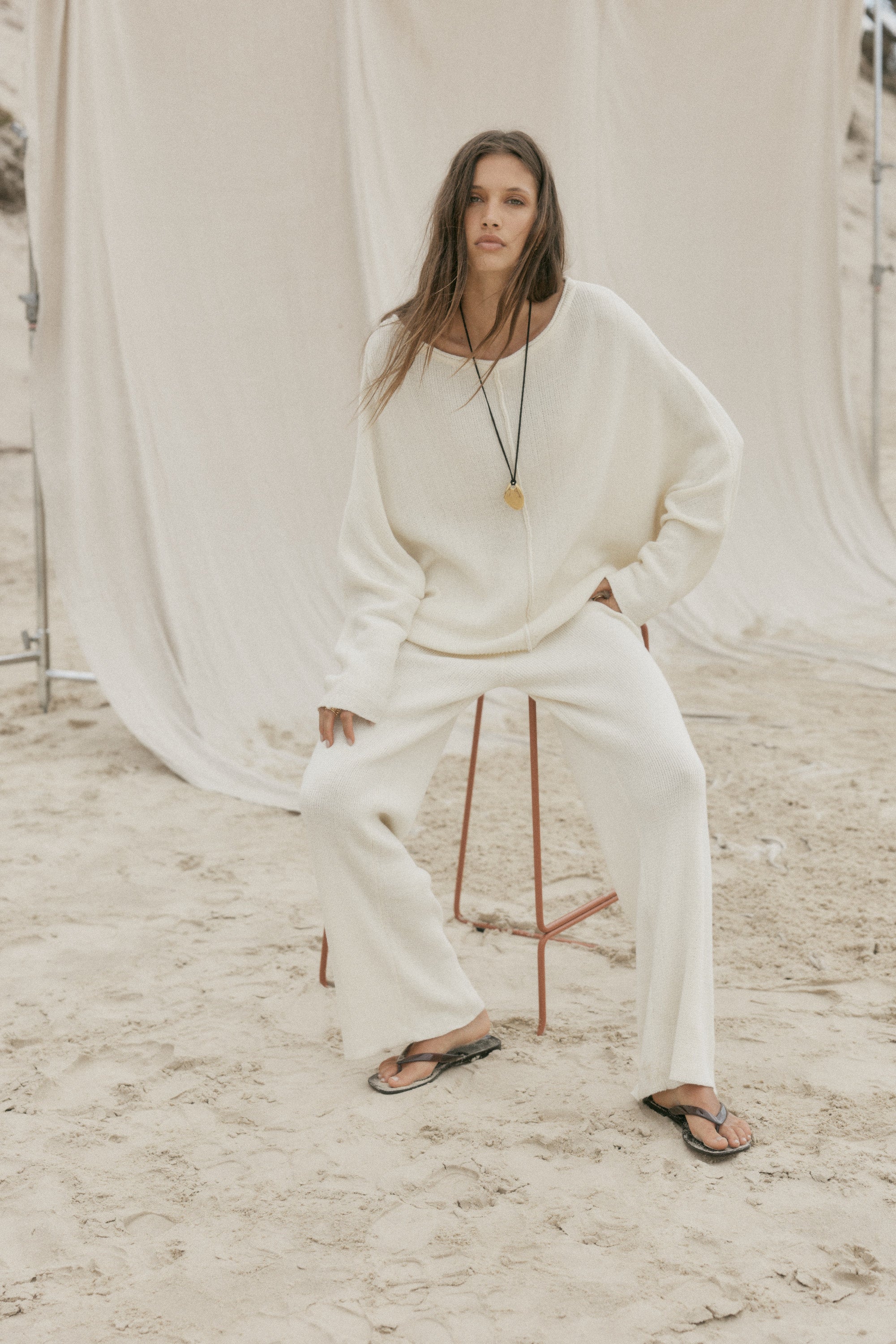 womens cotton cream long sleeve top front view