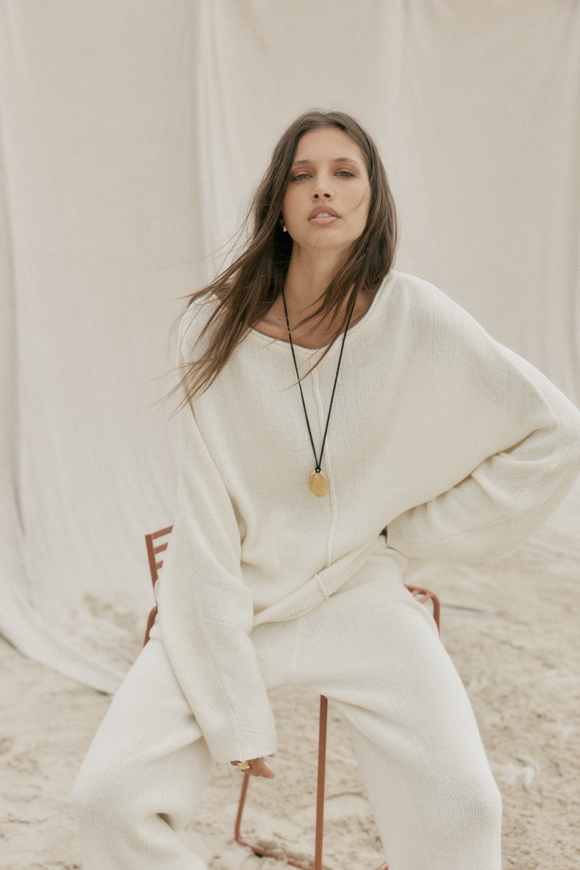 womens cotton cream long sleeve top front view