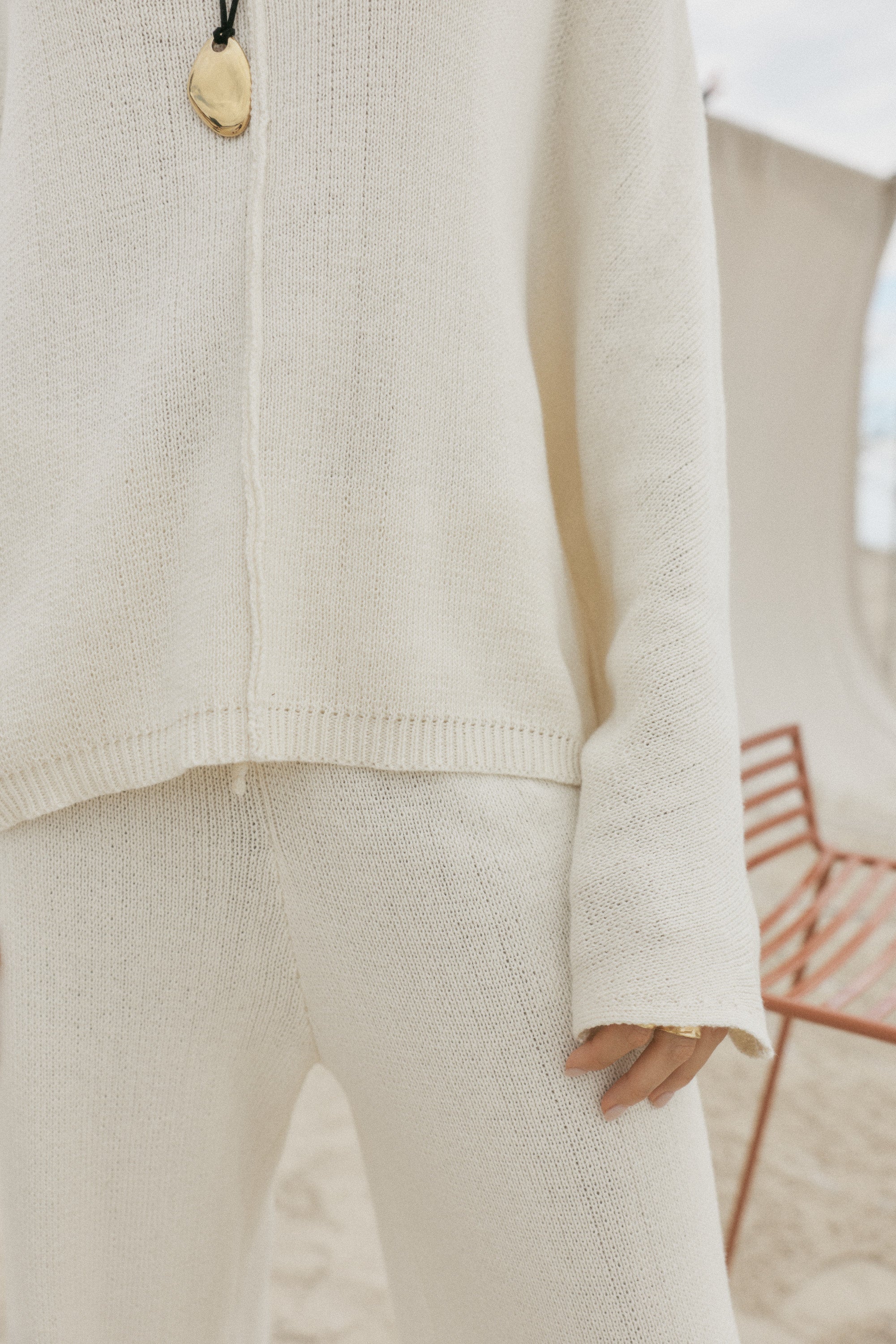 womens cotton cream knit set close up view