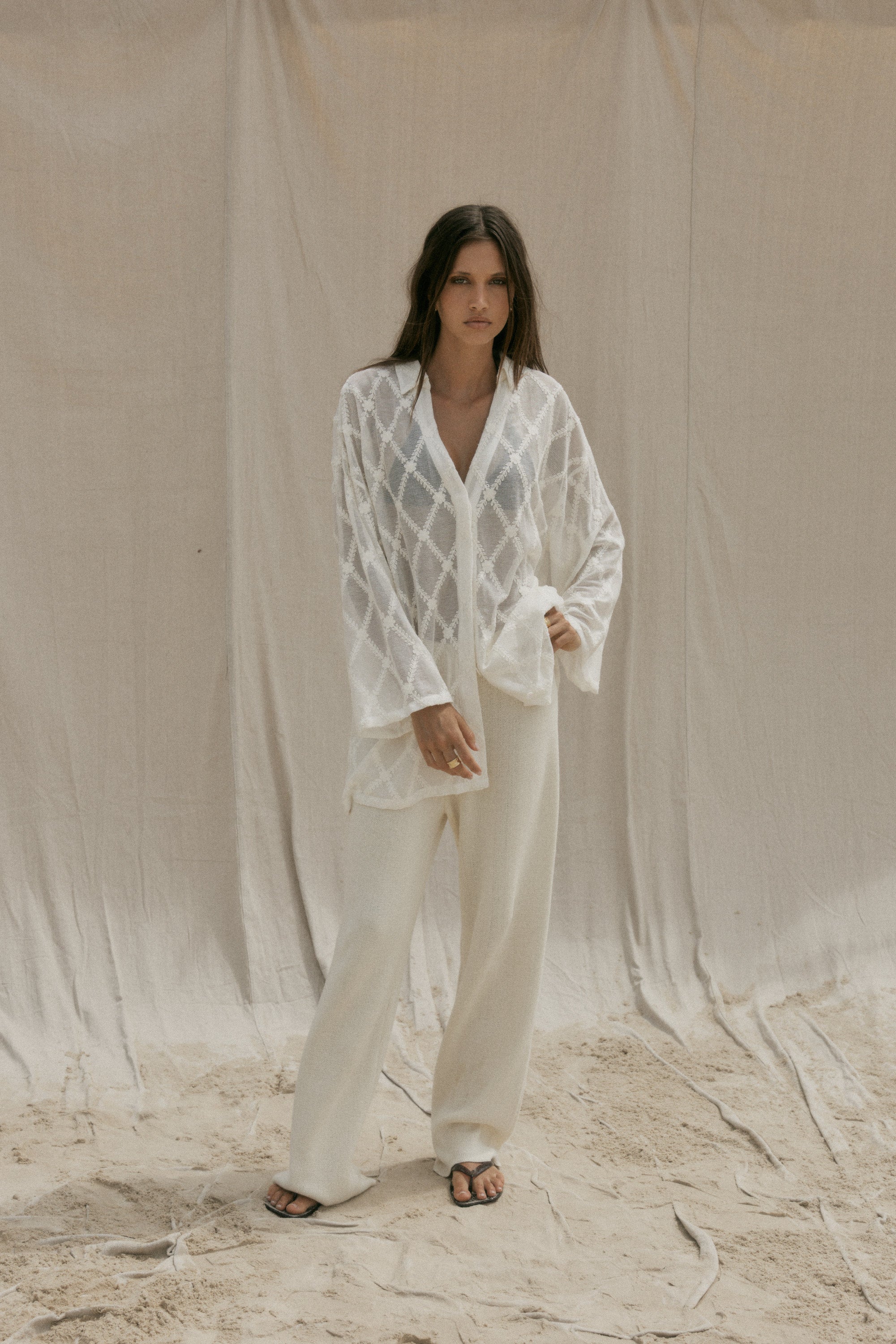 womens cotton natural lace shirt front view