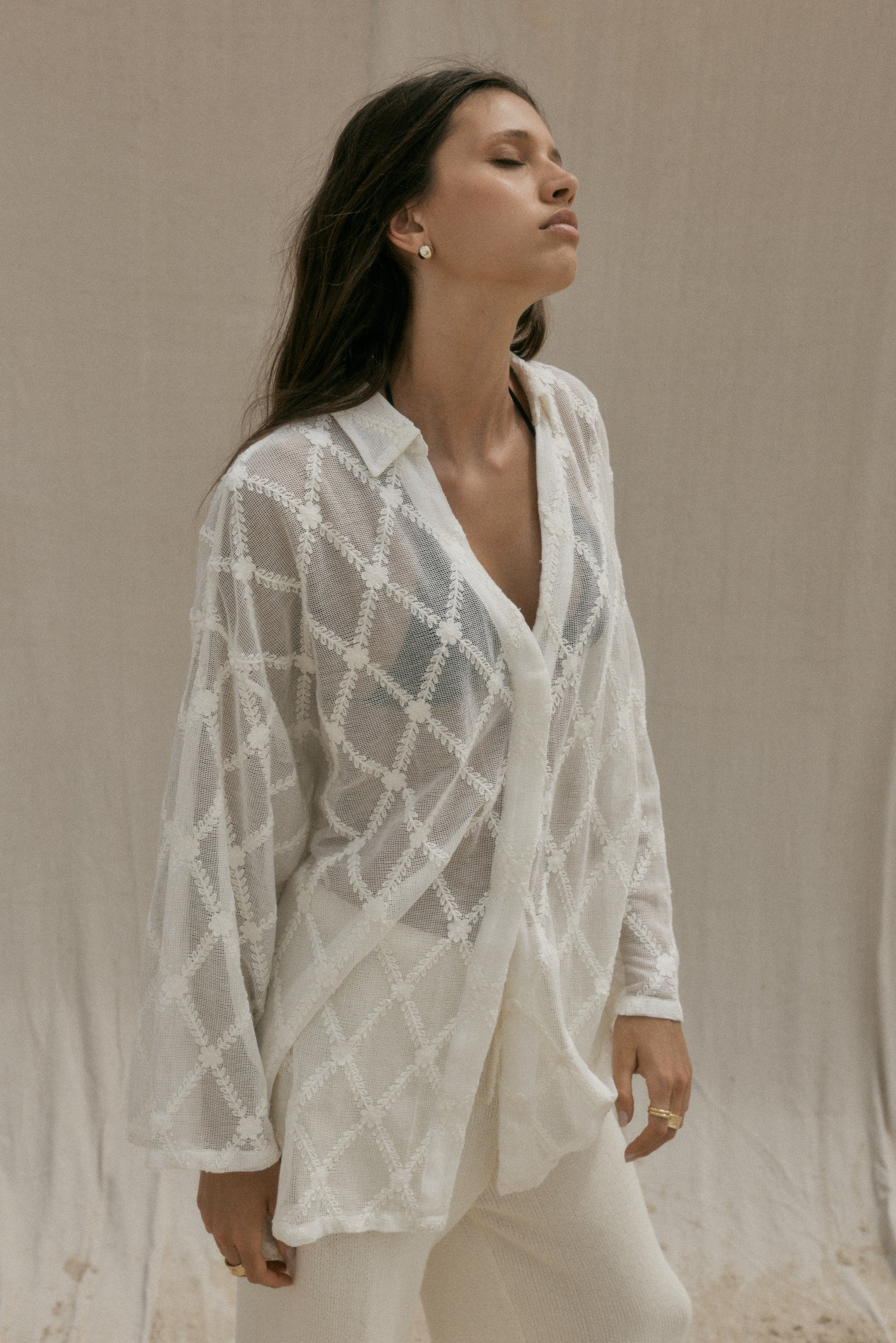 womens cotton natural lace shirt front view