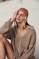 Womens mocha cotton knit long sleeve top front view