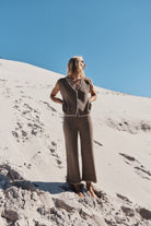 Womens mocha cotton knit pant front view