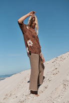 womens mocha cotton knit pant with tie dye tee
