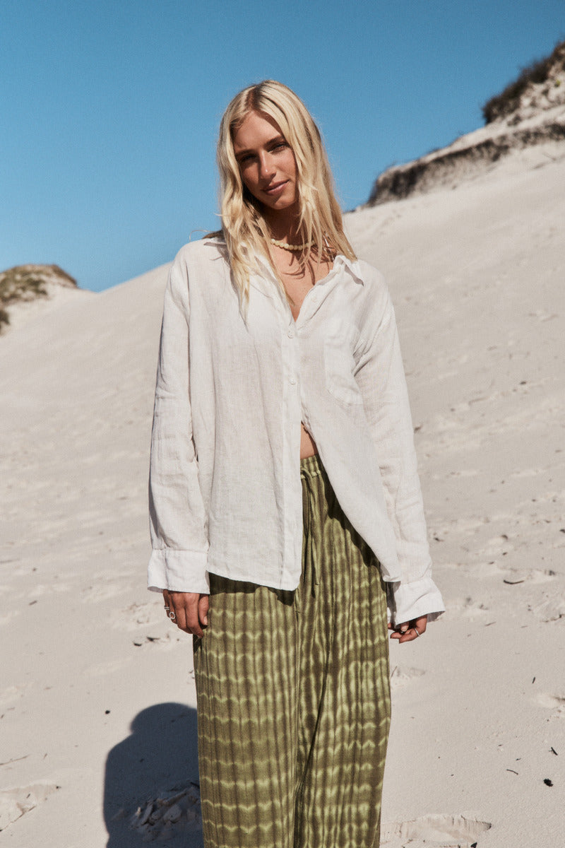 womens white linen shirt front view