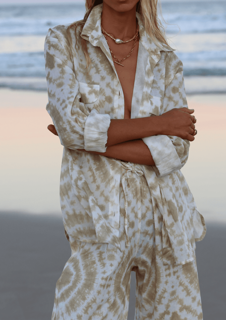 womens button up cotton shirt tie dye print front view