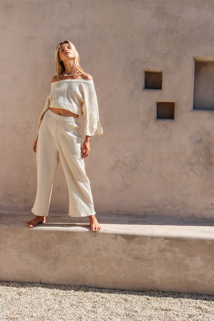 womens taupe texture elasticated waist pant front view 