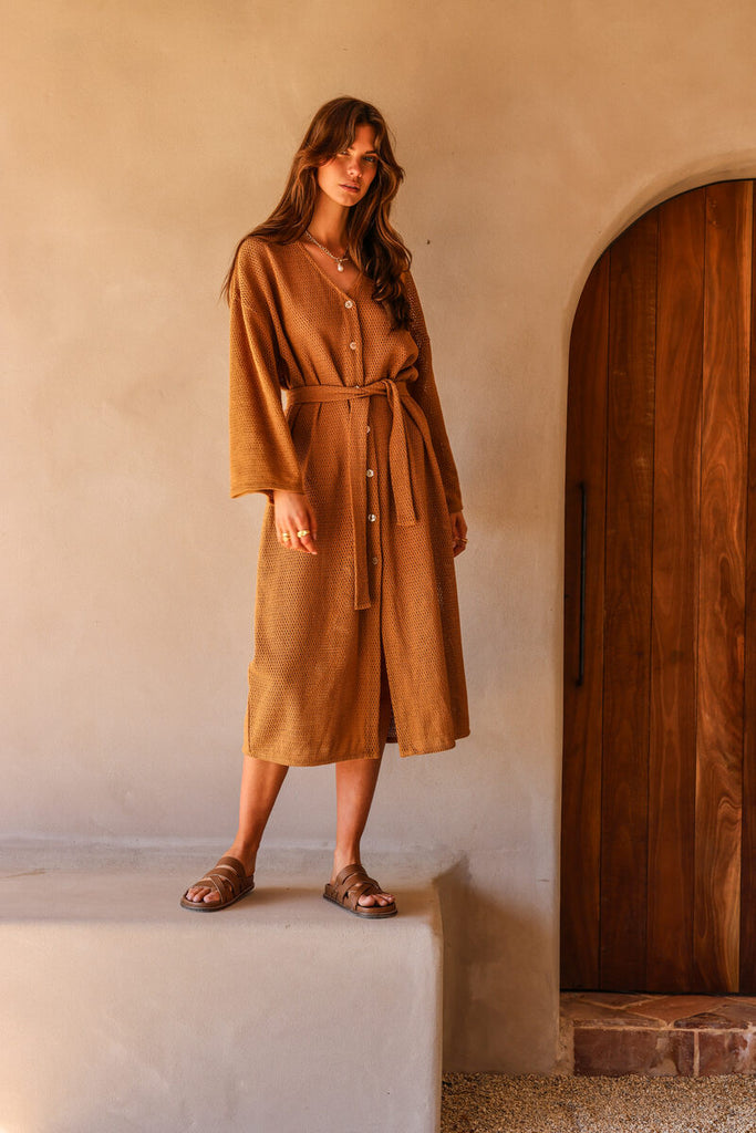 womens cotton netting maxi dress with belt caramel colour 