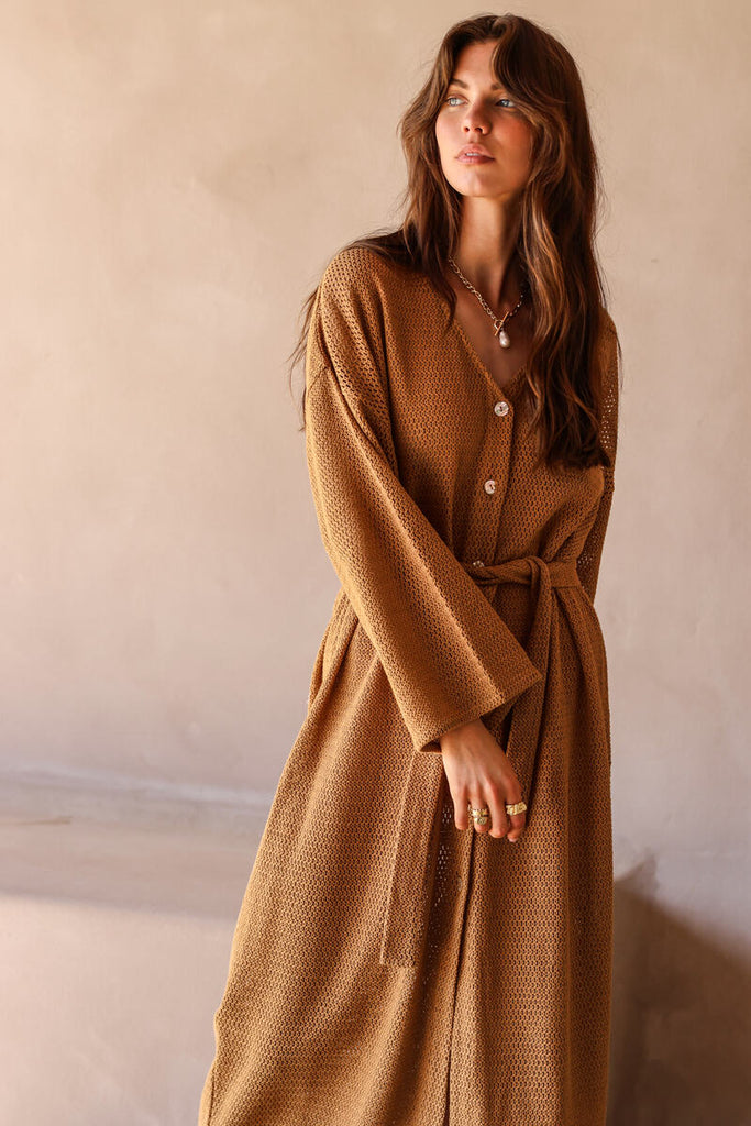 womens cotton netting maxi dress button up with belt front view