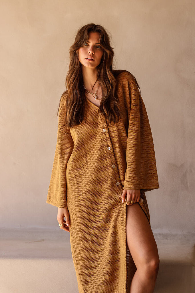 womens cotton netting maxi dress caramel front view