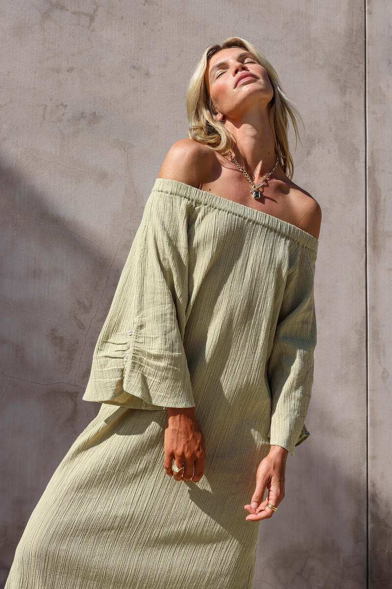 womens off the shoulder maxi dress sage texture front view 