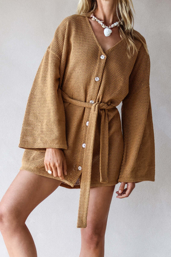 womens cotton netting mini dress caramel front view 