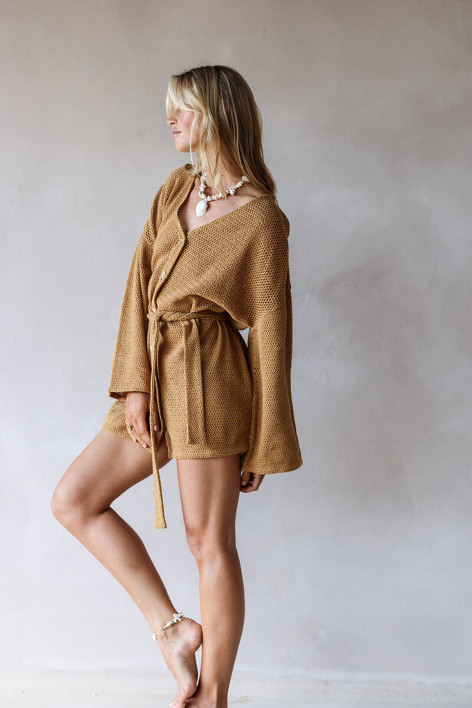 womens cotton netting mini dress with belt caramel side view