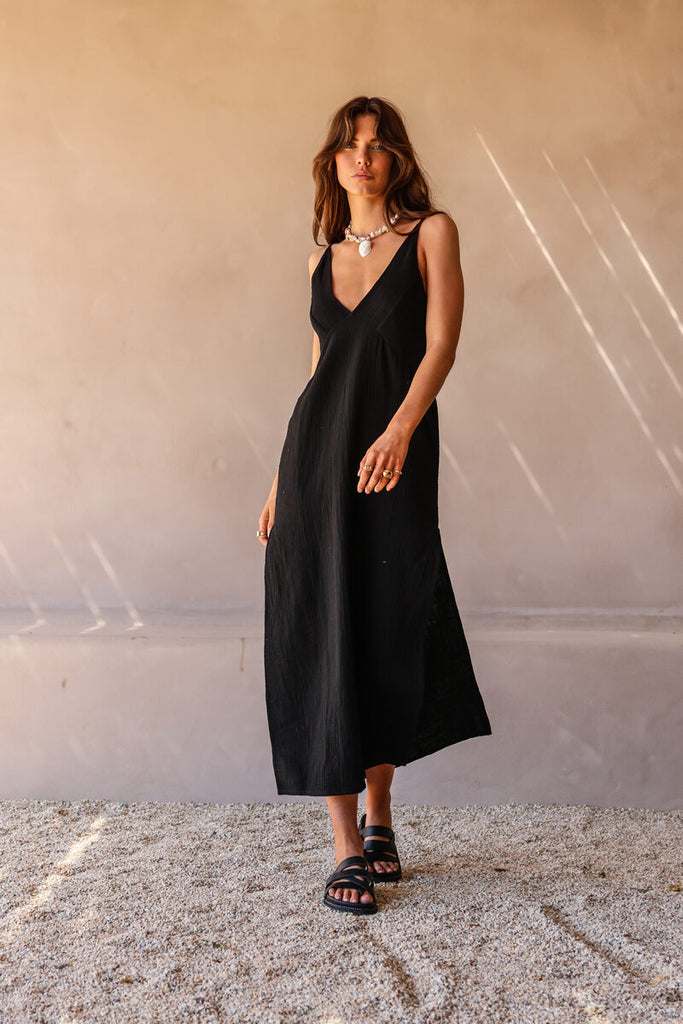 womens cotton slip midi dress black front view