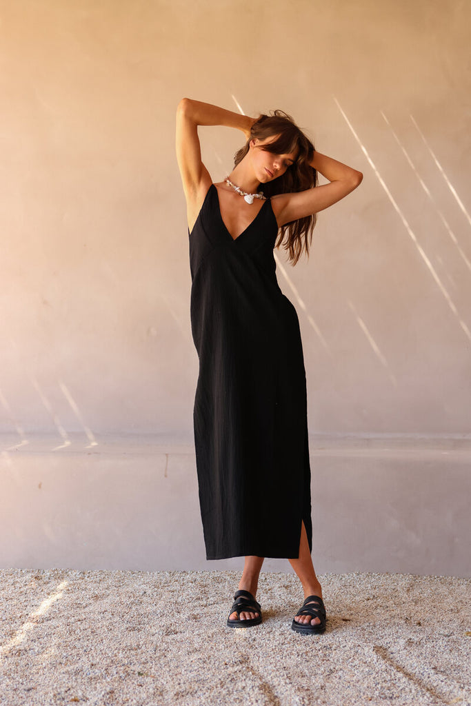womens cotton slip midi dress black 