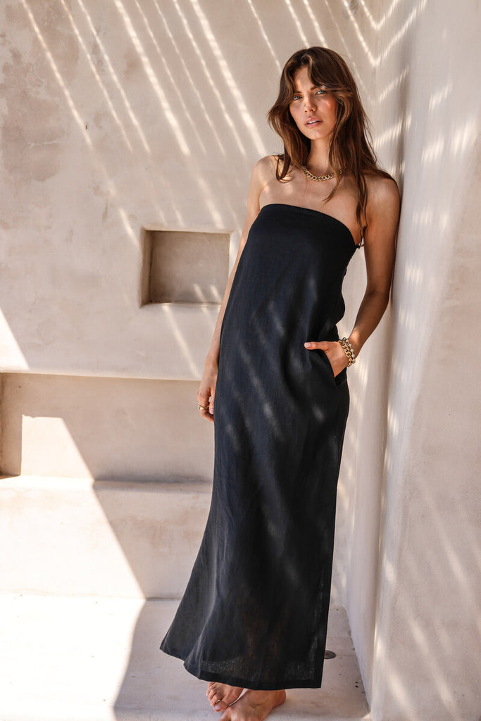 womens strapless maxi dress black linen 