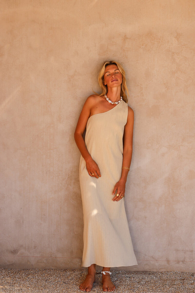 womens one shoulder maxi dress taupe texture front view