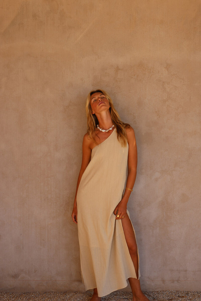 womens one shoulder maxi dress taupe texture front view