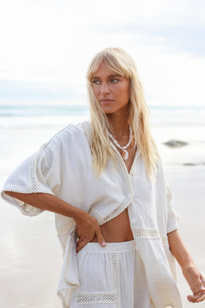 womens cotton crochet panel shirt off white front view