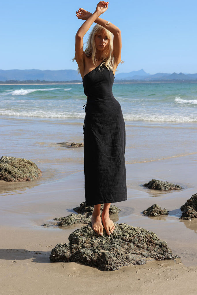 womens one shoulder black maxi dress cotton front view