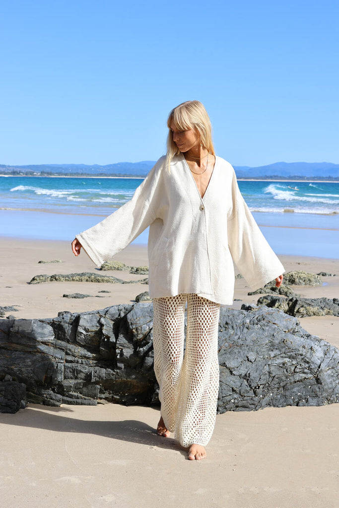 womens button feature jacket cream texture front view
