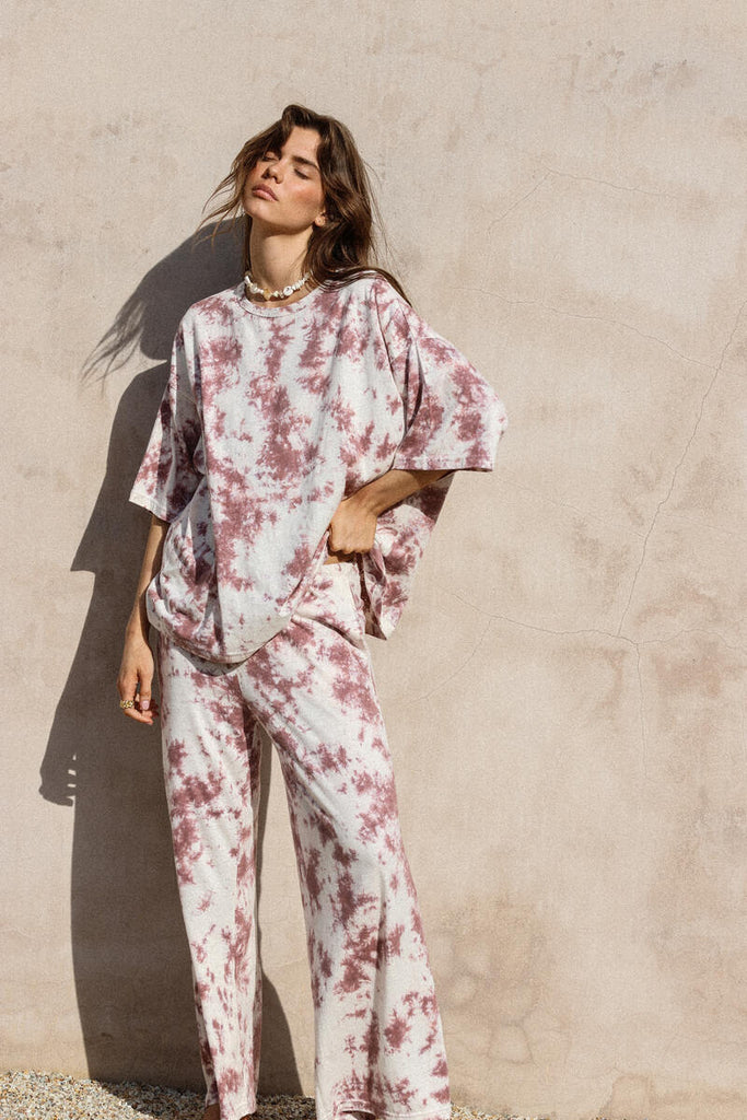 hemp tie dye pant front view cameo pink hue wash