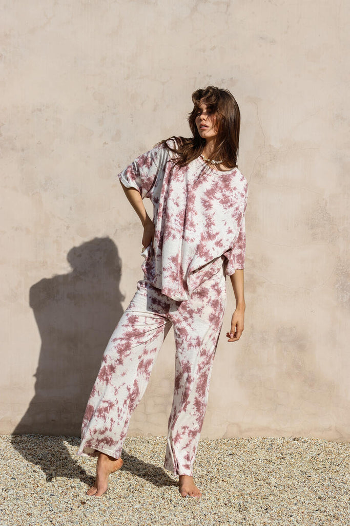 hemp tie dye pant front view cameo pink hue wash