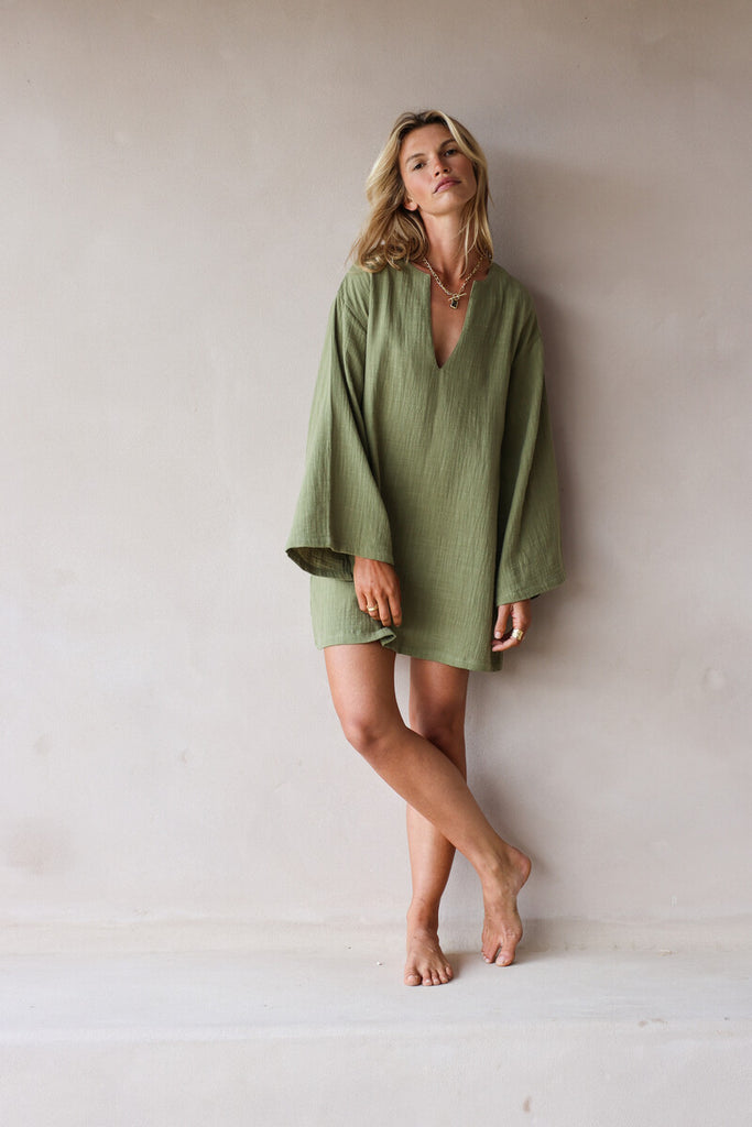 womens cotton mini dress sage front view