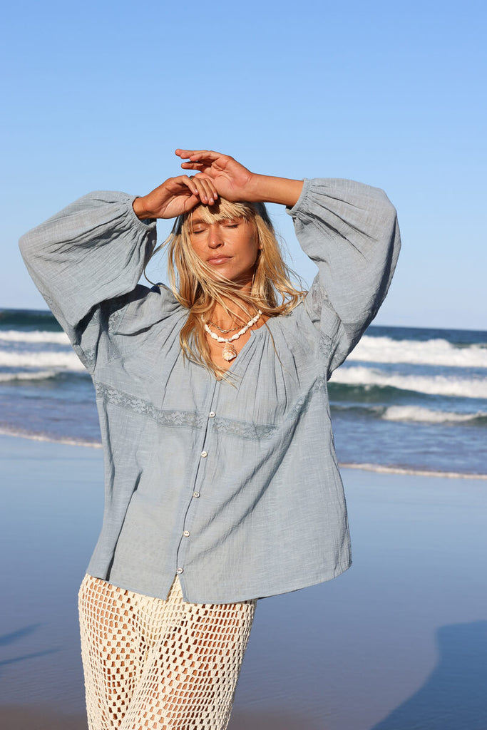 womens dusk hue blouse lace detailing front view