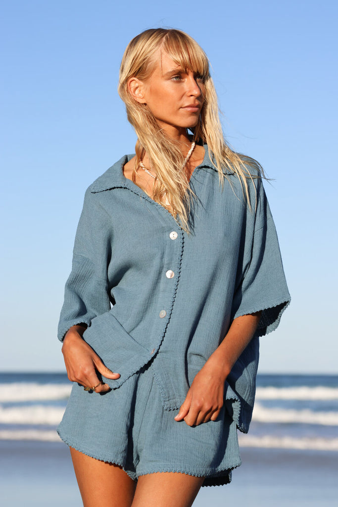 womens stone blue shell button shirt front view