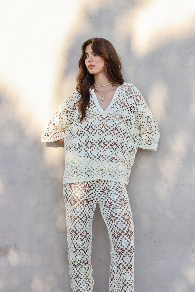 womens cream cotton crochet shirt front view