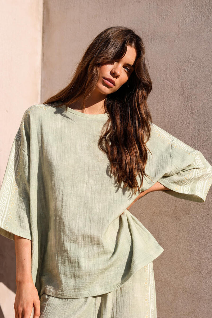 womens cotton shirt green garden print front view