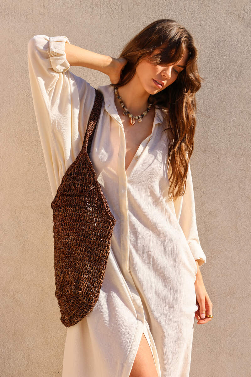 womens chocolate woven bag with maxi dress