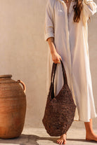 womens woven chocolate beach bag 