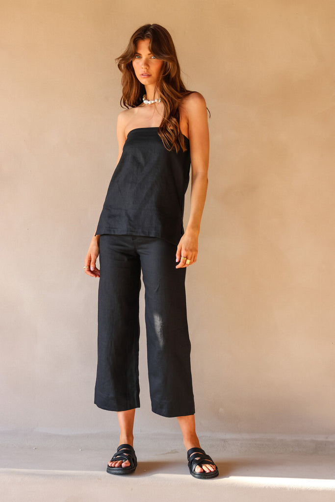 womens strapless black linen top 