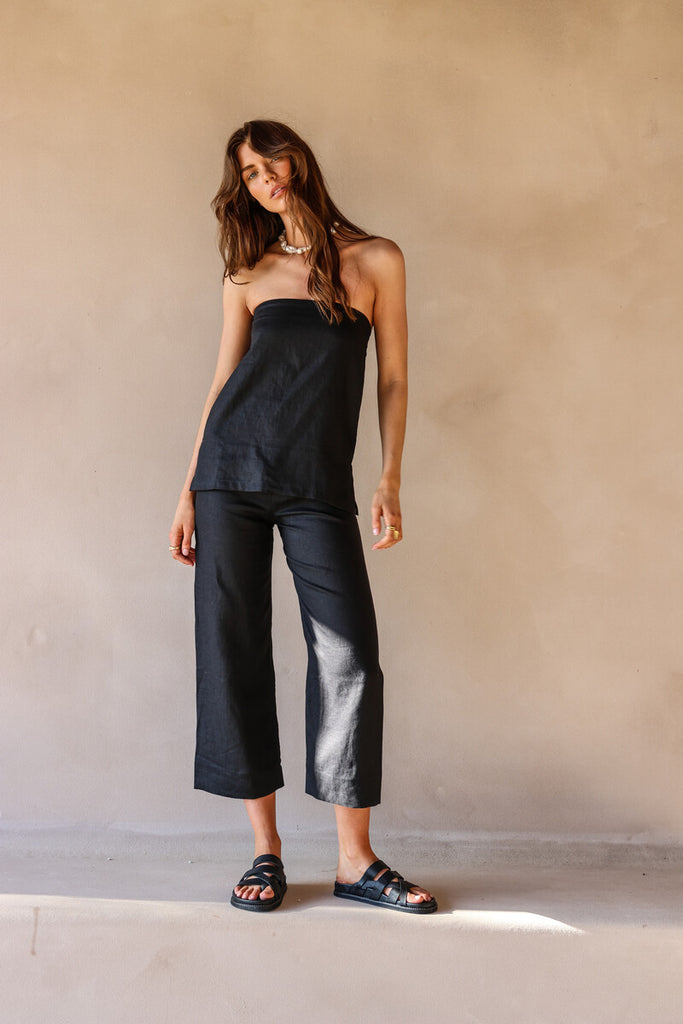 womens black linen set, strapless top with linen black pant front view