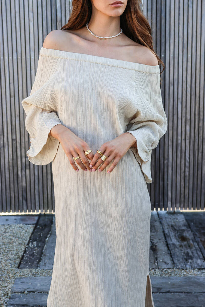 womens off shoulder taupe maxi dress texture front view