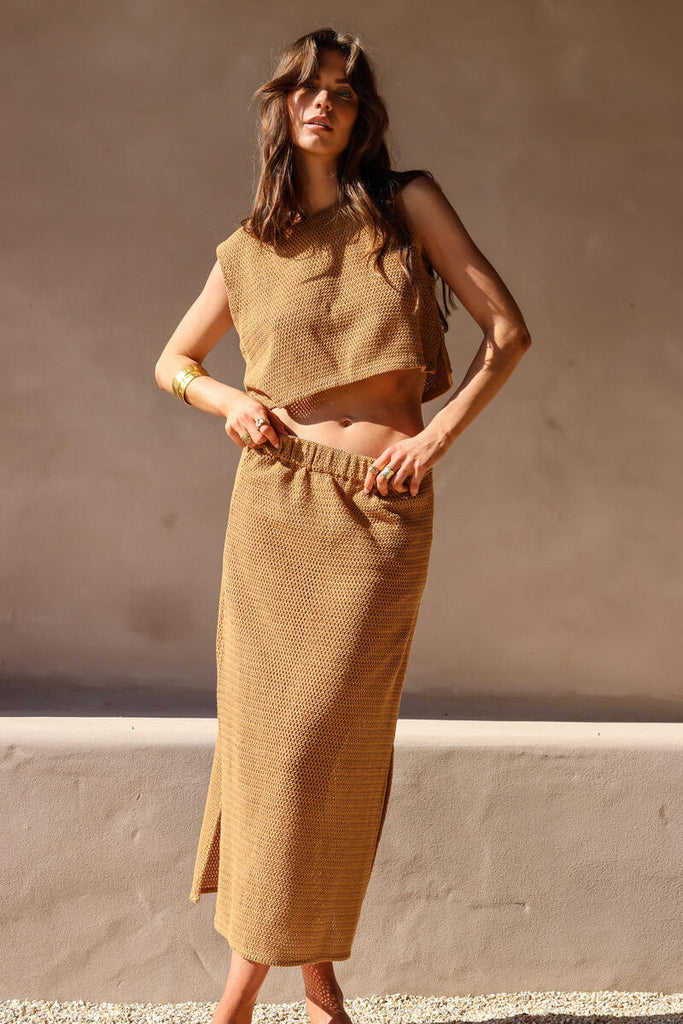 womens cotton netting tank top caramel with matching caramel skirt