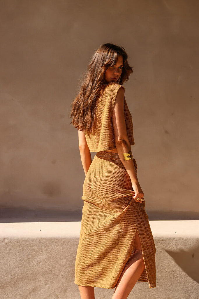 womens cotton knit caramel skirt back view 